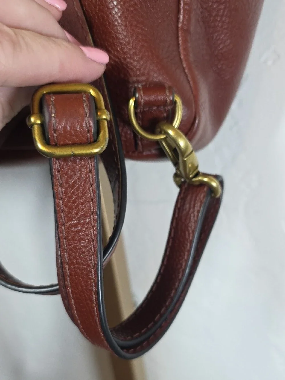 Fossil Amelia Brown Pebbled Leather Convertible Backpack Top Handle Bag Gold Key